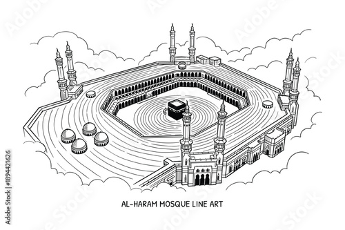 Line art drawing of Al-Haram Mosque featuring the Kaaba, minarets and clouds for Islam related projects.