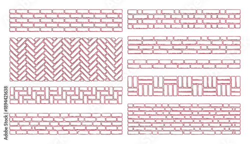 Maroon brick borders, brickwork patterns, textures design elements, building, wall and architectural drawing.