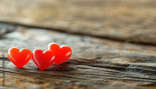 Three glossy red heart shapes rest upon a weathered wooden surface with shallow depth of field