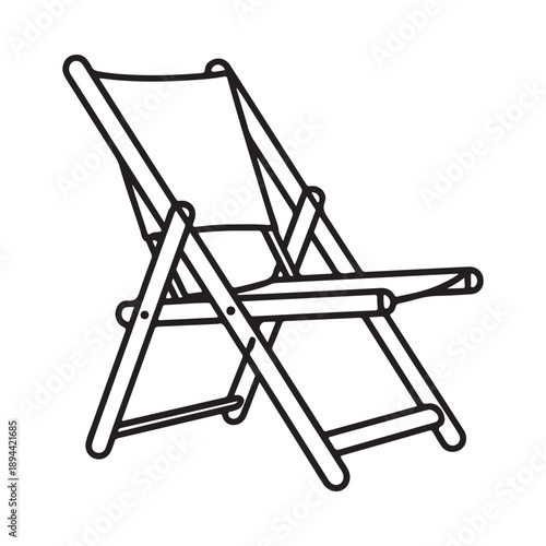 Simple black and white line drawing of a foldable beach chair