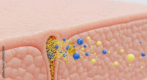 Skin Pore with Emerging Sebum and Particles, Close-up View, Medical Illustration