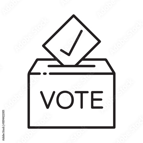 A simple line drawing depicts a ballot box with a checkmark indicating a vote