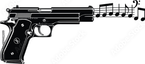 Black handgun pistol with musical notes concept vector illustration surreal art symbolizing sound violence contrast design isolated graphic modern style