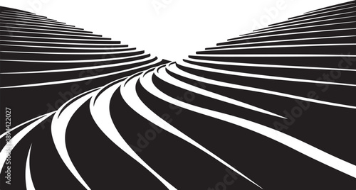 Monochromatic abstract background with curved white lines on black