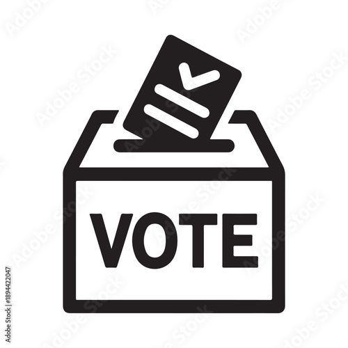 A black and white icon depicting a ballot box with a paper ballot inside
