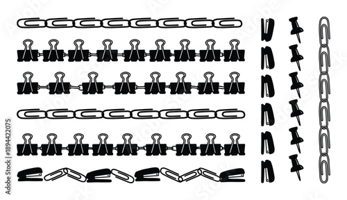 Office supplies clip art. Paperclips, binders, staplers and thumbtacks vector illustrations in line style.