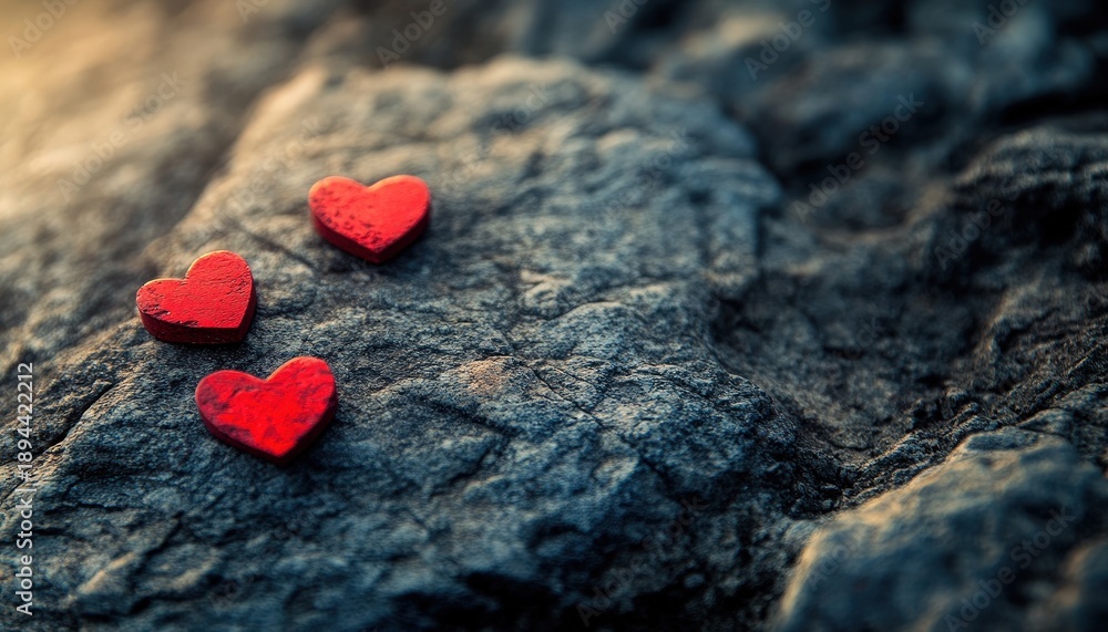 Fototapeta premium Three small, vibrant red heart shapes rest upon a rugged, textured stone surface