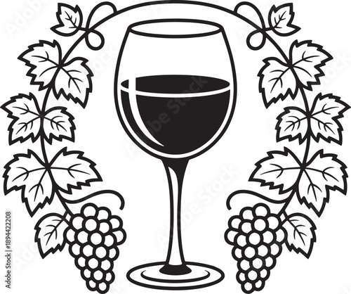 Classic wine glass framed by circular border of grape vines leaves and bunches vector illustration