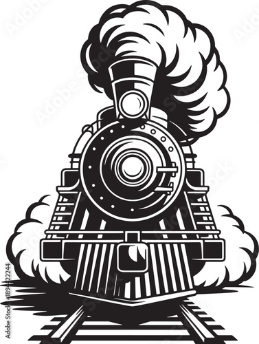 Close up view of powerful steam locomotive train engine billowing smoke on tracks