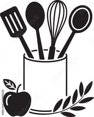 Cooking utensils collection in container with apple and leaves decorative element silhouette vector