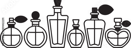 Collection of various black silhouette perfume and fragrance bottles with sprayers and stoppers