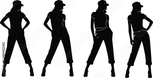 Female fashion model silhouettes set, stylish woman poses wearing casual outfit, modern clothing illustration isolated on white background