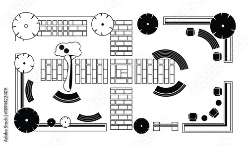 Overhead plan view drawing featuring garden layout with seating, trees, brick paths, patio in vector style.