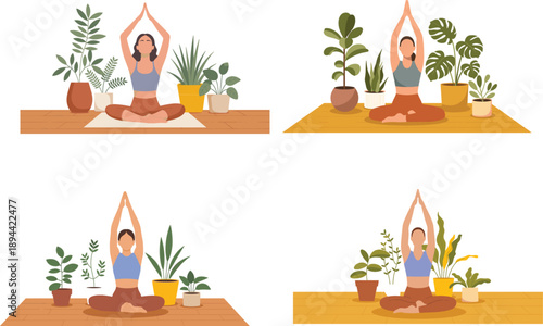 Collection of women practicing yoga in lotus pose surrounded by lush green houseplants for wellness and mindfulness home exercise vector illustration