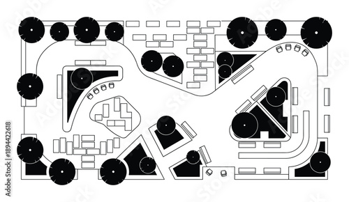 Overhead plan view showcases a landscape design with trees, walkways, and seating. Architectural layout.