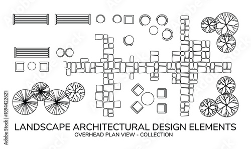 Overhead plan view showcasing landscape architectural design elements for space planning and outdoor arrangement.