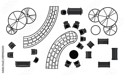 Overhead view of garden plan with trees, patio pavers, benches, chairs and table.