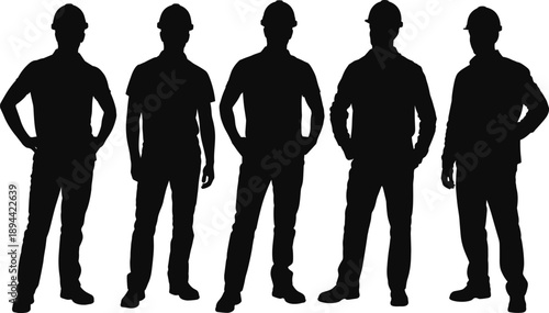 Five construction worker silhouettes wearing safety helmets, standing poses isolated on white background industrial workforce teamwork concept