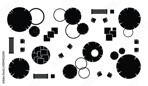 Overhead plan view shows layout of trees, benches, tables and chairs for circular landscape design.