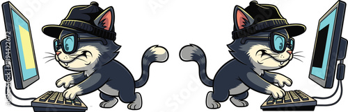 Cute cartoon hacker cat character wearing hat and glasses typing on computer keyboard for coding and cybersecurity concept