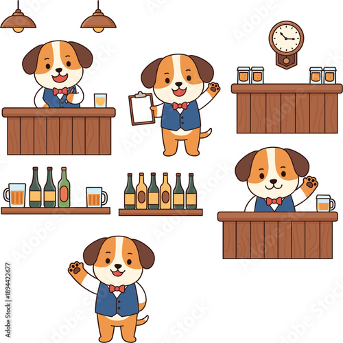 Cute dog bartender character set with puppy waiter serving beer drinks at wooden bar counter in flat vector style
