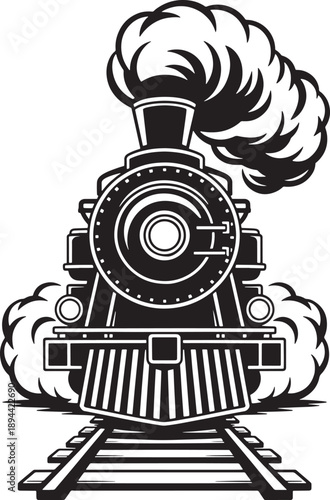 Front view of steam locomotive train engine with smoke and railroad track detail