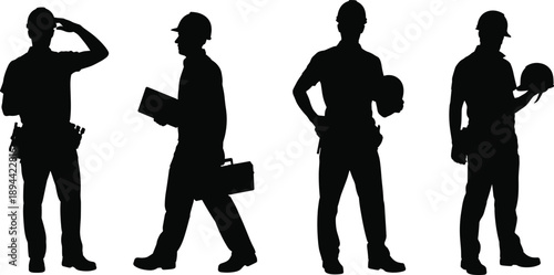 Four construction worker silhouettes wearing safety helmets, builder engineer technician poses isolated on white background industrial workforce concept
