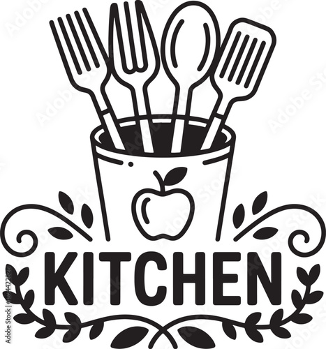 Kitchen cooking utensils holder container with cutlery apple symbol text and decorative leaf elements