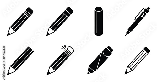 Pencil and pen icons, writing tool set, different styles in glyph design, black color objects vector drawing.