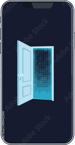 Digital smartphone with open door revealing futuristic data network or server room in flat vector illustration style