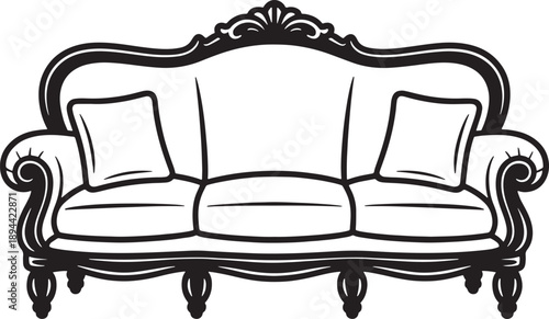 Luxurious ornate classic victorian style three seater sofa with decorative carved wood frame and pillows