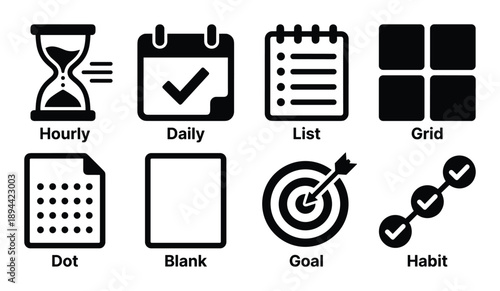 Planner layouts glyphs set featuring hourly, daily, list, grid, dot, blank, goal and habit icons.