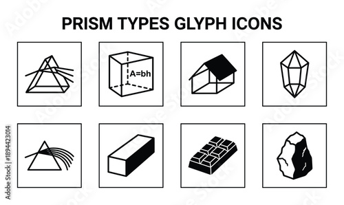 Prism types glyph icons collection features various prism shapes including cube, crystal, triangular prism and stone.