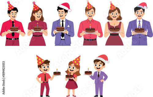 Large collection of diverse cartoon people in party and Santa hats holding chocolate birthday cakes for festive holiday celebration event vector illustration set