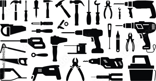 Hand and power tool silhouette collection, hammer drill saw screwdriver wrench pliers icons, construction repair equipment isolated white background