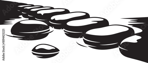 Black and white illustration of smooth stones in water