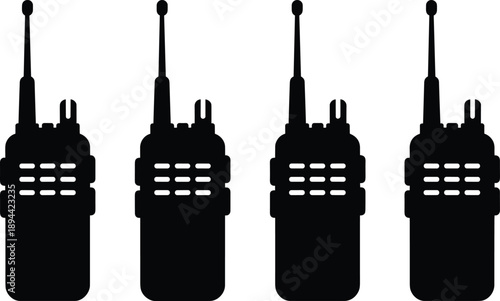 Four walkie talkie radio silhouettes, handheld communication devices isolated on white background, security construction emergency communication concept