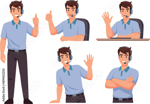 Male customer support representative character set with headset giving thumbs up 