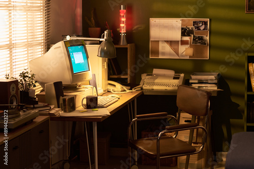 Bild auf Leinwand Vintage home office scene featuring empty chair positioned at wooden desk with o
