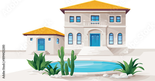 Modern luxury Mediterranean villa with yellow tiled roof swimming pool and cactus garden in desert landscape vector illustration