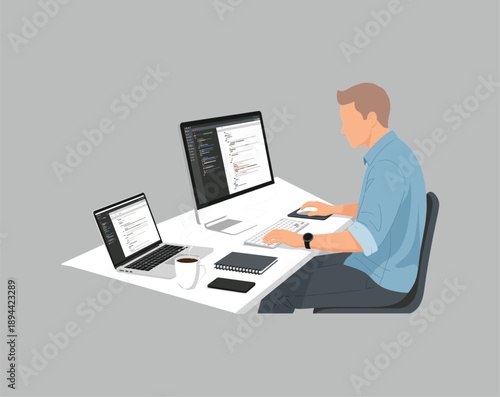Male software developer working on code using laptop and desktop computer at office desk in flat vector illustration