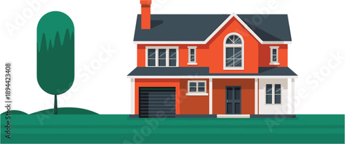 Modern two story red suburban family house with a dark grey roof, garage, and chimney next to a green tree vector illustration
