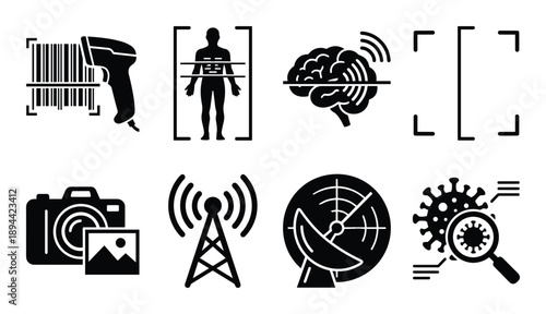 Scanning glyph icons with barcode scanner, body scan, brain scan, camera, antenna, radar, virus scanner.