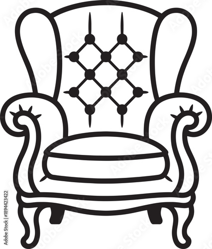Traditional vintage winged armchair with elegant upholstery and decorative tufting sketch illustration