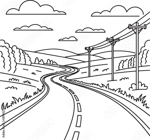 Winding road through countryside with power lines hills and clouds line art