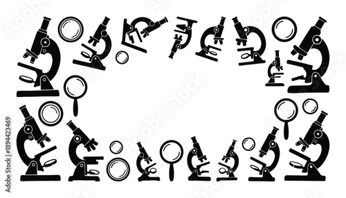 Science themed frame with microscopes and magnifying glasses. Black silhouettes, laboratory equipment illustration.