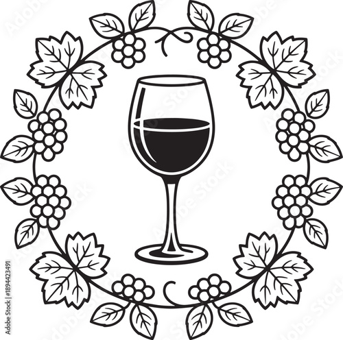 Wine glass in wreath of grapes and leaves symbol for winery or wine tasting