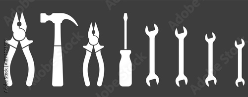 Hand tools silhouette set, pliers hammer screwdriver wrench icons, flat vector illustration, white tools on dark background, industrial repair concept