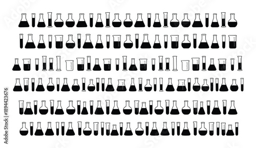 Seamless pattern with chemistry lab glassware. Black and white science beakers and test tubes set.