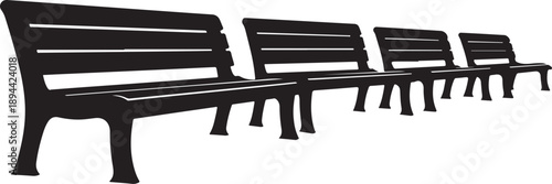 Row of black benches in a park setting isolated